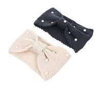 DEARMAMY Lot De 2 Bandeaux Tricotés Chauds Perles Taille Unique Pour Femme, Serrage-tête Élastique Beige Et Gris Foncé, Accessoires Cheveux D'hiver Confortables Et Respirants