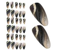 DEARMAMY Lot de 6 Boîtes de Faux Ongles à Coller Pailletés Motifs Rayés, Autocollants Réutilisables, 24 Pièces par Boîte, Kit Nail Art pour Femmes et Filles, Manucure DIY Solide