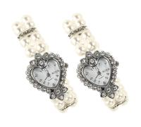 DEARMAMY Montres pour Femmes Élégantes à Quartz Bracelet Élastique Double Ligne De Perles Artificielles, Cadran Carré Orné De Cristaux en Forme De Cœur, Petits Modèles Fantaisie pour Poignet Féminin