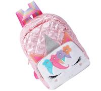 DEARMAMY Paquet à Dos Licorne en Peluche Rose à Deux Compartiments Zippés | Style Cartoon, Format pour Étudiants et Tout-petits, Voyage ou Zoo, Finition Douce, Motif Unique