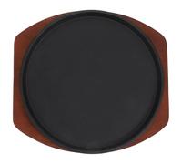 DEARMAMY Plaque de Cuisson en Fonte Ronde 25 Cm Base en Bois, Poêle à Steak Épaisse Antiadhésive pour Barbecue Cuisine Domestique, Ustensile de Grillade Compatible Cuisinière Électrique