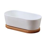 DEARMAMY Pot à Bonsaï en Céramique Blanc 2pcs avec Plateau en Bambou, Drainant et Sûr, Jardinière Rectangulaire pour Cactus et Plantes sur Bureaux ou Étagères