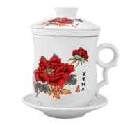 DEARMAMY Tasse à Thé en Céramique avec Infuseur Intégré Grand Format Couleur Rouge Gros Bouton Couvercle et Soucoupe Inclus Mug Rétro pour Infusion et Pause Thé au Bureau