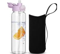 DEARRAY 0.8l Gourde en Verre avec Paille, 800ml Bouteille d'eau en Verre Borosilicaté Anti-fuite avec étui de Protection en Néoprène