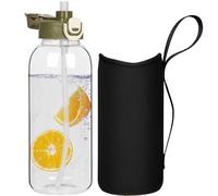 DEARRAY 1.5l Gourde en Verre avec Paille, 1.5 litre Bouteille d'eau en Verre Borosilicaté Anti-fuite avec étui de Protection en Néoprène