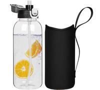 DEARRAY 2l Gourde en Verre avec Paille, 2 litres Bouteille d'eau en Verre Borosilicaté Anti-fuite avec étui de Protection en Néoprène
