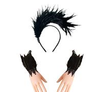 Deauparkoty Serre-tête noir de cygne pour femme avec bracelets à plumes plumes noires cygnes corbeaux bijoux de cheveux maléfiques sorcières des années 1920 pour femme pour carnaval, gothique, oiseau