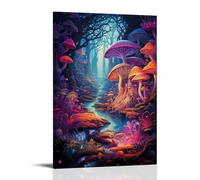 DEBAOKA Impression sur toile encadrée champignon mystère forêt nuit arbres plantes psychédéliques affiche œuvre d'art encadrée pour chambre à coucher, salon, bureau 30,5 x 45 cm (l x L)