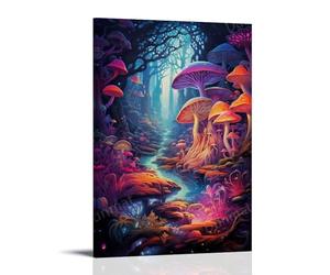 DEBAOKA Impression sur toile encadrée champignon mystère forêt nuit arbres plantes psychédéliques affiche œuvre d'art encadrée pour chambre à coucher, salon, bureau 30,5 x 45 cm (l x L)