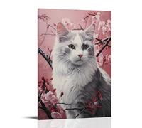 DEBAOKA Impression sur toile moderne avec chat blanc - Motif ferme, fleur, nature, animal - Affiche encadrée pour chambre à coucher, salon, bureau - 40,6 x 60 cm