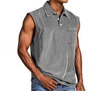 Débardeur à bouton 1/4 pour homme - Délavé - Léger et respirant - Séchage rapide - Col à revers - T-shirt ample sans manches pour homme - Classique - Vintage - Couleur unie - Débardeur d'été avec