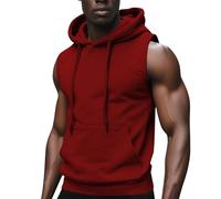 Débardeur à capuche pour homme - Sans manches - Fitness - Bodybuilding - Sport - Pull à capuche avec poches - Gym - Grandes tailles - T-shirt d'entraînement pour l'entraînement - Couleur unie, rouge