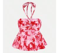 Débardeur à lacets décontracté pour préadolescente, avec fronces à la poitrine, dos nu, ajusté. Convient pour les vacances d'été dans une station balnéaire. Imprimé tie-dye floral rose 8Y,9Y,10Y,11Y,1