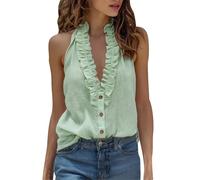 Débardeur à volants et col en V profond sans manches pour femme, vert clair, XL