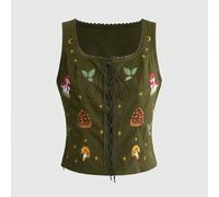 Débardeur ajusté tout-aller pour femmes avec broderie de champignons féeriques, feuilles, châtaignes, étoiles et lune L,M,S,XLImprimés aléatoiresTissu tissé