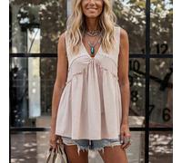 Débardeur ample pour femme, style western cottage boho décontracté, rose poudré, col en V, sans manches, patchwork, bordure en dentelle, volants sur la poitrine, pour l'été, pique-nique et vacances L,