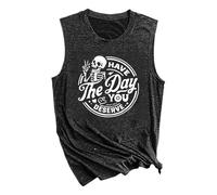 Débardeur amusant pour femme avec motif tête de mort, squelette, col rond, drôle, gothique, décontracté, sans manches, t-shirt d'horreur, chemisier, Noir , XXL