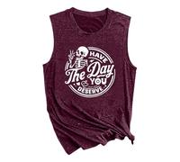 Débardeur amusant pour femme avec motif tête de mort, squelette, col rond, drôle, gothique, décontracté, sans manches, t-shirt d'horreur, chemisier, vin, M