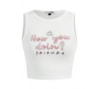 Débardeur blanc casual pour femmes avec imprimé slogan et tasse à café, "Comment allez-vous?" pour l'été L,M,S,XL,XS,XXL,XXS,XXXL,XXXXLGéométrique,Lettres,Plantes,SloganTissu tricoté