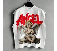 Débardeur blanc sans manches pour hommes, imprimé sculpture d'ange gothique + motif lettres rouges "ANGEL" avec décoration de rivets, t-shirt sans manches décontracté streetwear, convient pour le prin