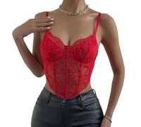 Débardeur bustier en dentelle florale et maille - Camisole courte à baleines transparentes Y2K pour sortir