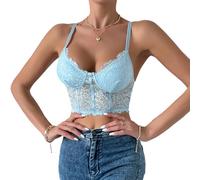 Débardeur bustier en dentelle florale et maille - Camisole courte à baleines transparentes Y2K pour sortir