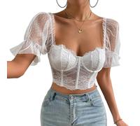 Débardeur bustier en dentelle florale et maille - Camisole courte à baleines transparentes Y2K pour sortir