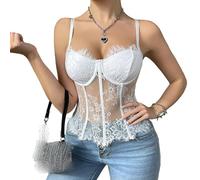 Débardeur bustier en dentelle florale et maille - Camisole courte à baleines transparentes Y2K pour sortir