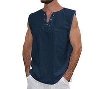 Débardeur classique d'été pour homme, coupe classique, cors sans manches en coton et gilet à cordon, pour hommes, bleu, L