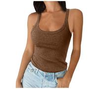 Débardeur côtelé à bretelles spaghetti pour femme - Col en U - Coupe étroite - En coton - Camisole basique sans manches, café, M