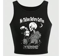 Débardeur côtelé avec graphique de crâne à slogan, "Pas de discussion avant le café" L,M,S,XL,XSHalloween,SloganÉtoffe