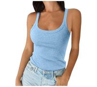 Débardeur côtelé pour femmes, bretelles Spaghetti, col rond, Slim, ajusté, Camisole en coton, chemises superposées sans manches Satin Top (Light Blue, XL)