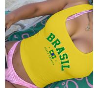 Débardeur court ajusté à col ras-du-cou en coton à 95% aux couleurs du drapeau brésilien jaune - tenue d'été pour la plage, les festivals de musique, les vacances tropicales, le style "Miami Girl" bré