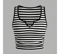 Débardeur court côtelé à rayures noires et blanches pour femmes grandes tailles, convient pour les sorties décontractées, les retrouvailles entre amis, les festivals de musique, les fêtes, les superpo