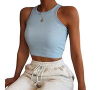 Débardeur court en tricot côtelé à col rond pour femme - Couleur unie - Coupe ajustée - Sans manches - Dos nageur, bleu, M