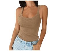 Débardeur court pour femme - Col en U - Coupe étroite - En coton - Basique - Sans manches - Imprimé journal, kaki, S