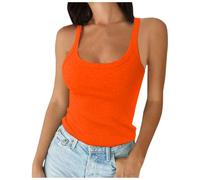 Débardeur court pour femme - Col en U - Coupe étroite - En coton - Basique - Sans manches - Imprimé journal, Orange, XS