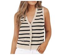 Débardeur court rayé élégant pour femme - Sans manches - Boutonné - Cardigan, beige, S