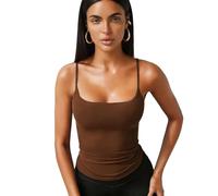 Débardeur court sans manches à bretelles spaghetti et col rond pour femme, vêtement décontracté, basique ajusté, sans manches, marron, L