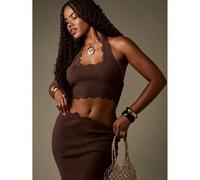 Débardeur court tricoté à encolure ras-du-cou, bord festonné, style côtelé. Tenue d'été pour festival, plage, villégiature, style bohème. Coupe slim, sans manches, longueur crop L,M,S,XL,XSUnicoloreLa