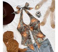 Débardeur croisé dos nu avec motif rétro vintage, boucle métallique et ourlet asymétrique, adapté pour les vacances, les rendez-vous, le thé de l'après-midi, les vacances, les festivals de musique, le