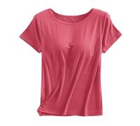 Débardeur de sport intégré pour femme - Col rond - Sans manches - Manches courtes - Athlétique - Solide - Pour sortir, été, gym, course à pied, décontracté, mode Y2K Basic, rouge pastèque, 4XL