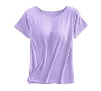 Débardeur de sport intégré pour femme - Col rond - Sans manches - Manches courtes - Athlétique - Solide - Pour sortir, été, gym, course à pied, décontracté, mode Y2K Basic, violet clair, 4XL