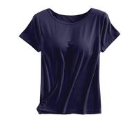 Débardeur de sport intégré pour femme - Col rond - Sans manches - Manches courtes - Athlétique - Solide - Pour sortir, été, gym, course à pied, décontracté, mode Y2K Basic, bleu marine, 3XL