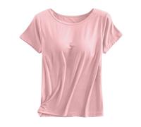 Débardeur de sport intégré pour femme - Col rond - Sans manches - Manches courtes - Athlétique - Solide - Pour sortir, été, gym, course à pied, décontracté, mode Y2K Basic, rose clair, 3XL