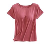 Débardeur de sport intégré pour femme - Col rond - Sans manches - Manches courtes - Athlétique - Solide - Pour sortir, été, gym, course à pied, décontracté, mode Y2K Basic, Rouge, L