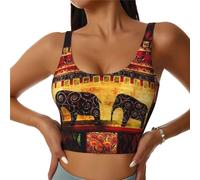 Débardeur de sport rembourré pour femme avec motif éléphant africain patchwork pour course à pied, fitness, yoga, corset top de danse en U, Noir , M