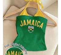 Débardeur décontracté à col ras-du-cou avec imprimé Jamaïque style Y2K, 2 en 1 avec Top bandeau L,M,S,XL,XSGéométrique,LettresTissu tricoté