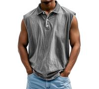 Débardeur décontracté délavé pour homme - Léger et respirant - Séchage rapide - Col à revers - Coupe ample - Bouton 1/4 - Sans manches - Classique - Vintage - Couleur unie - Débardeur d'été, gris, M