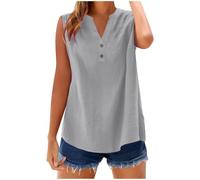 Débardeur d'été décontracté en coton et lin for femmes, design boutonné sur le devant, vêtements de détente confortables(02 Gray,L)
